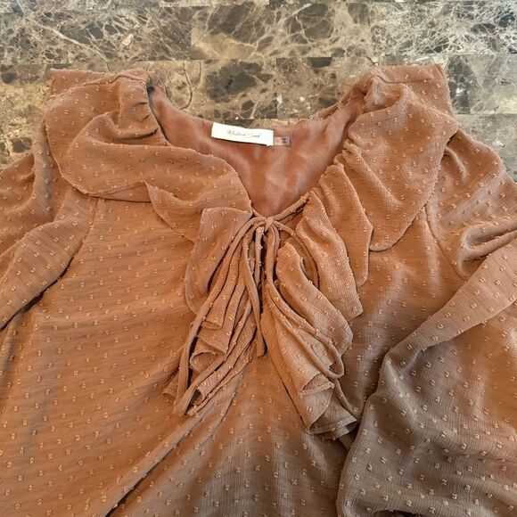 Mustard Seed Clip Dot Ruffle Lace Up Blouse Size Small Cappuccino Color - Picture 7 of 7